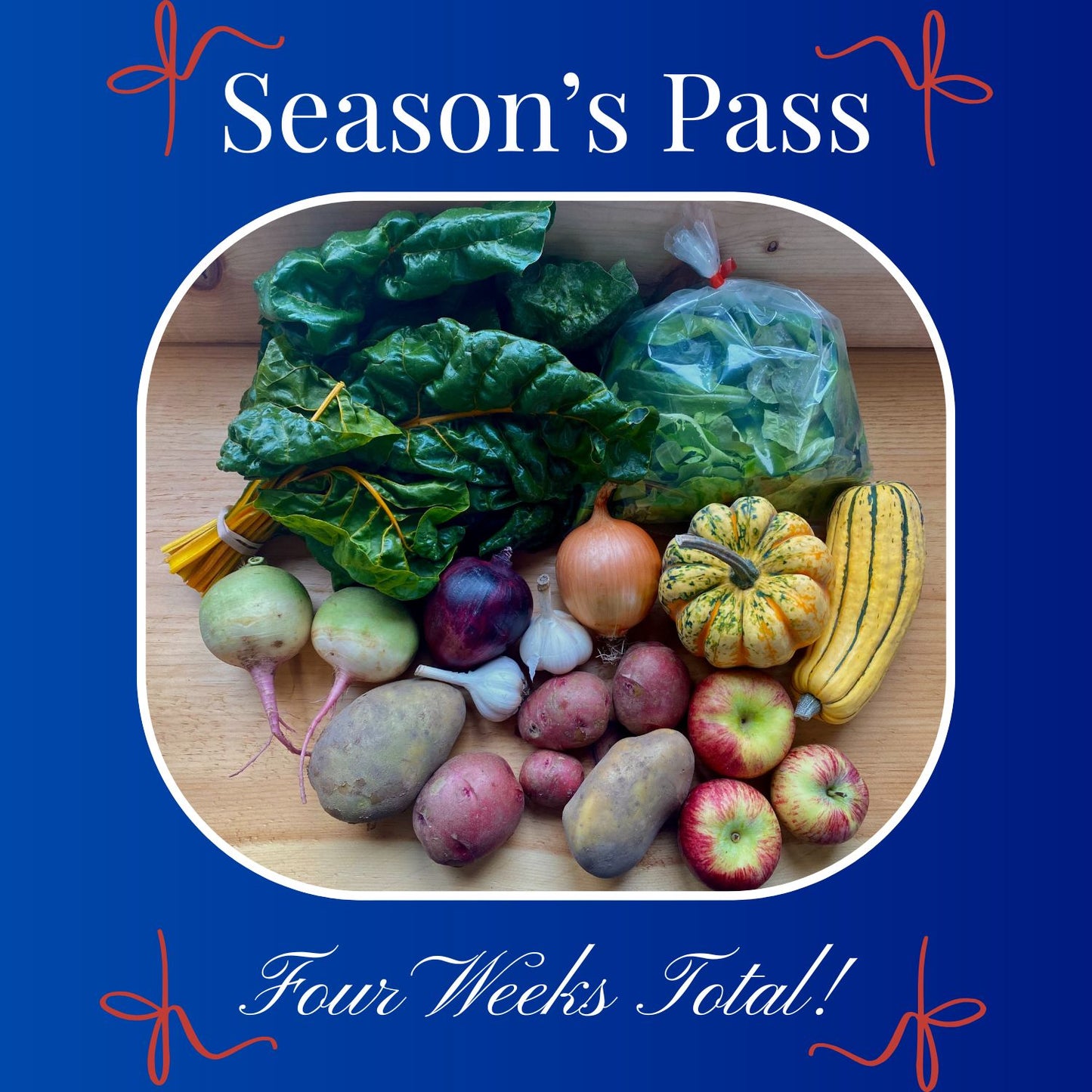 Assorted fresh vegetables on a wooden board with 'Season's Pass' text on a blue background.