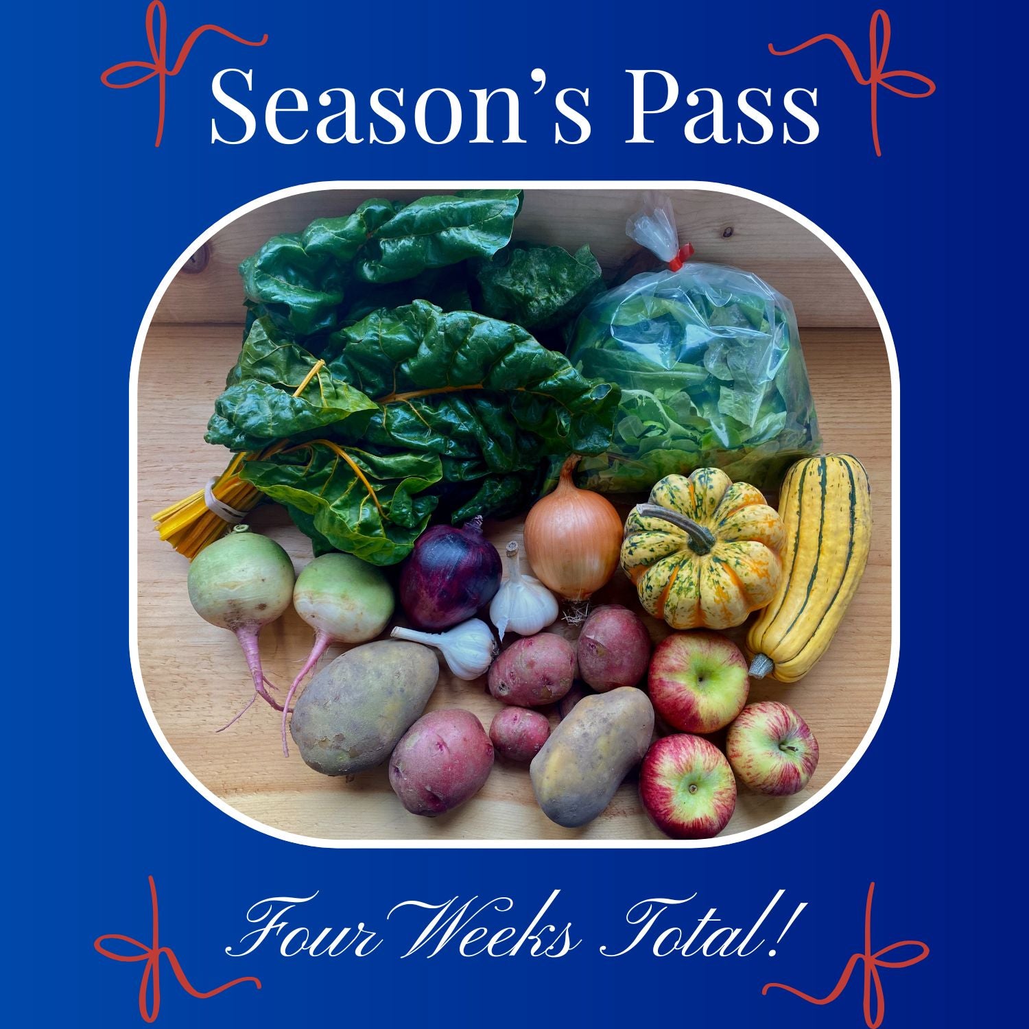 Assorted fresh vegetables on a wooden board with 'Season's Pass' text on a blue background.