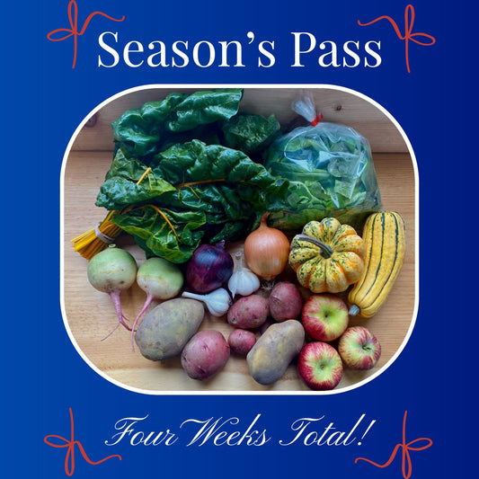Assorted fresh vegetables on a wooden board with 'Season's Pass' text on a blue background.